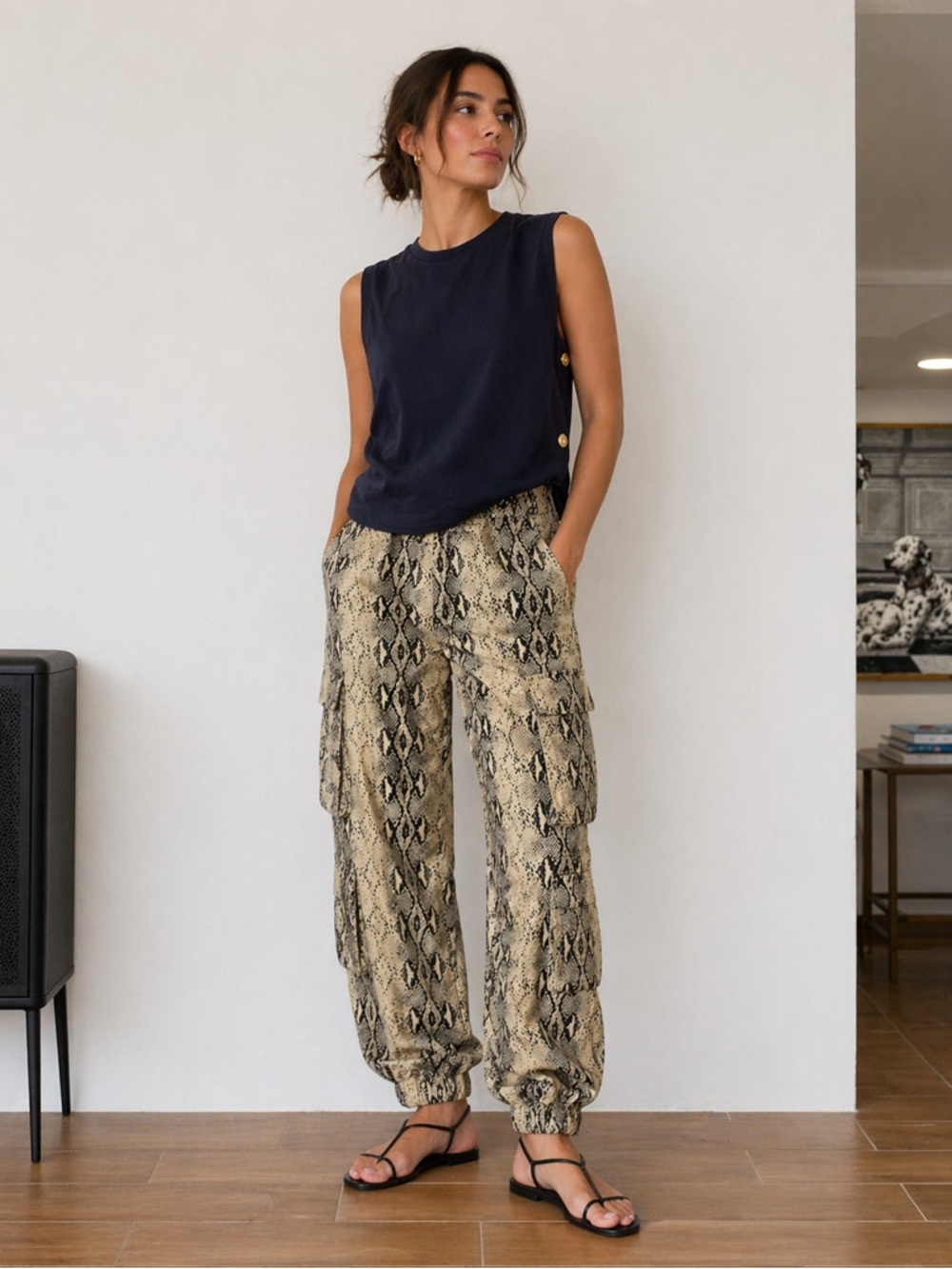 Sans Souci Beige and Black Snake Print Cargo Pants